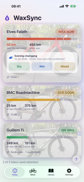 The Today screen with bike cards
