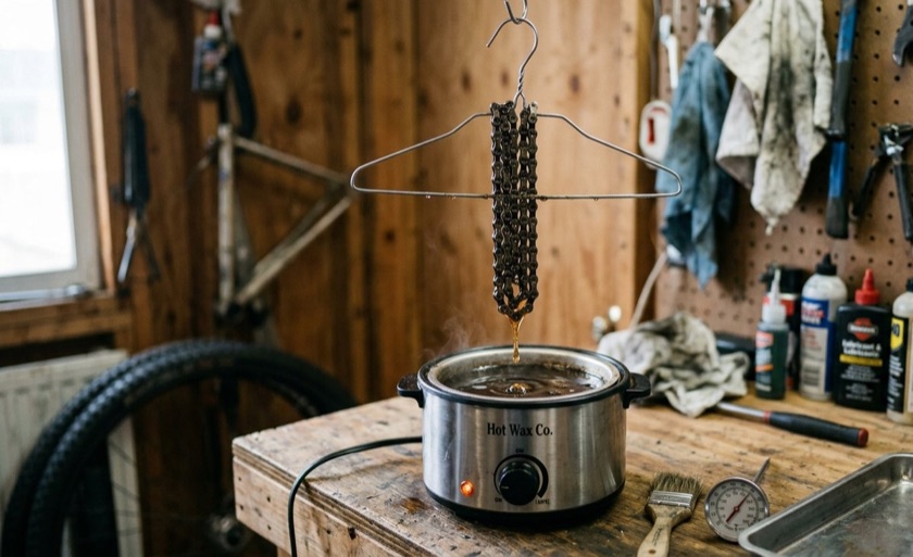 A chain on a hanger dripping into a compact wax pot